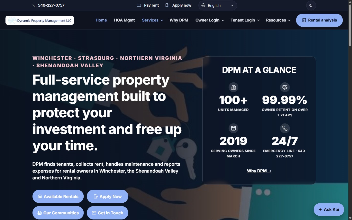The Vista home page for Dynamic Property Management: the headline beside a “DPM at a glance” panel of four big numbers, Owner Login and Tenant Login menus, and the Ask Kai button.