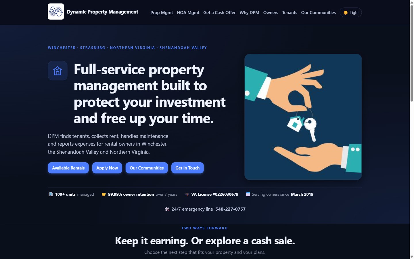 The original Dynamic Property Management home page: a headline, four blue buttons, an illustration, and one line of small print with the numbers.